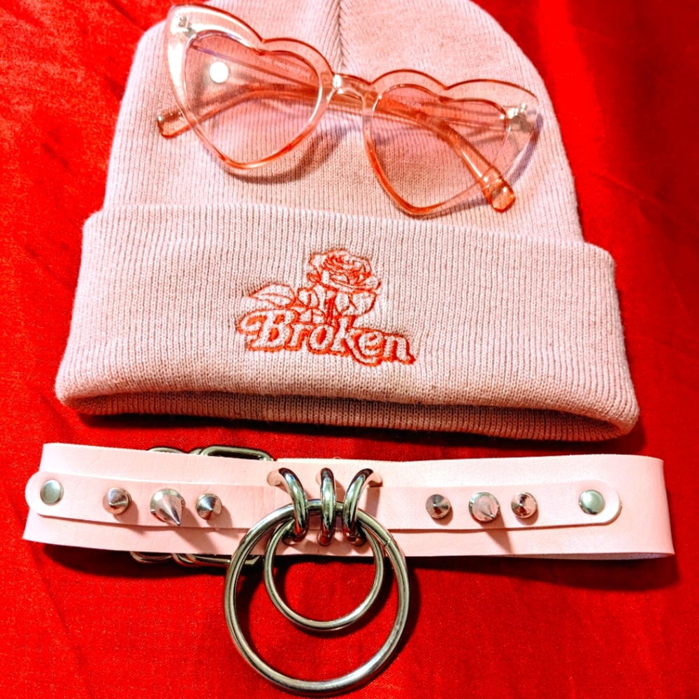 Bubblegum Goth Kit: Knit Cap, Choker, Heart Shades in Pastel Pink